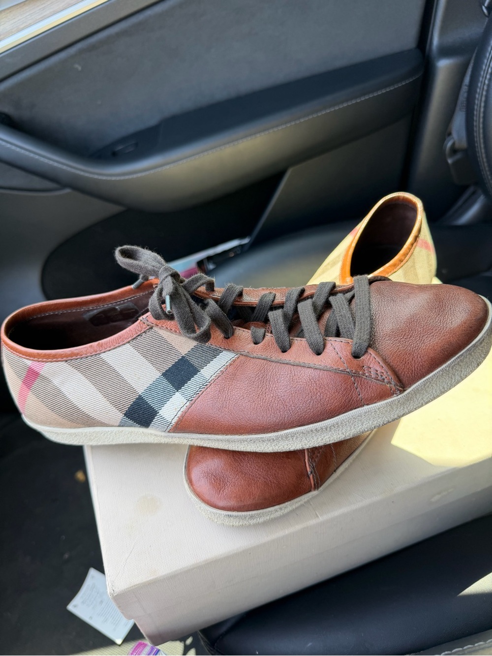 Burberry Brown Plaid & Leather Low-Top Sneaker